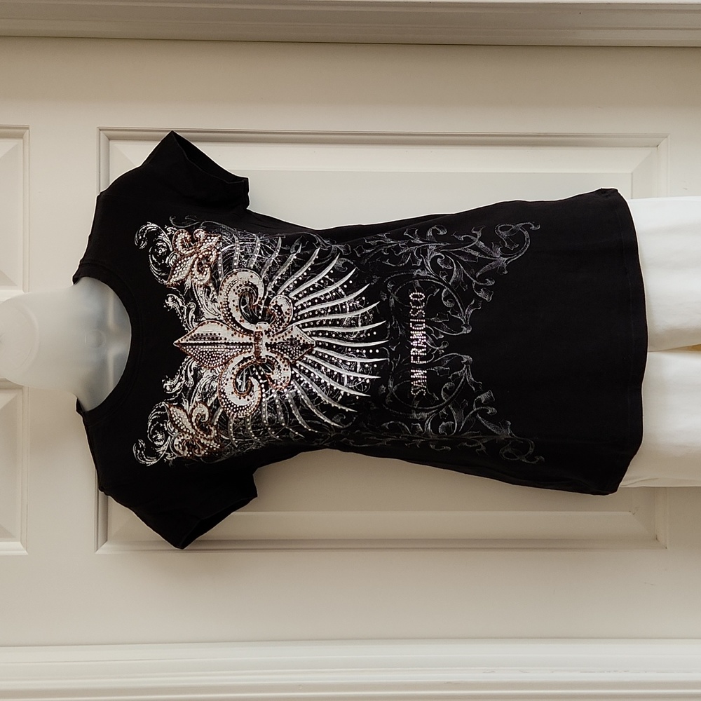 FLEUR DE LIS Black San Francisco Embellished T-shirt Size L